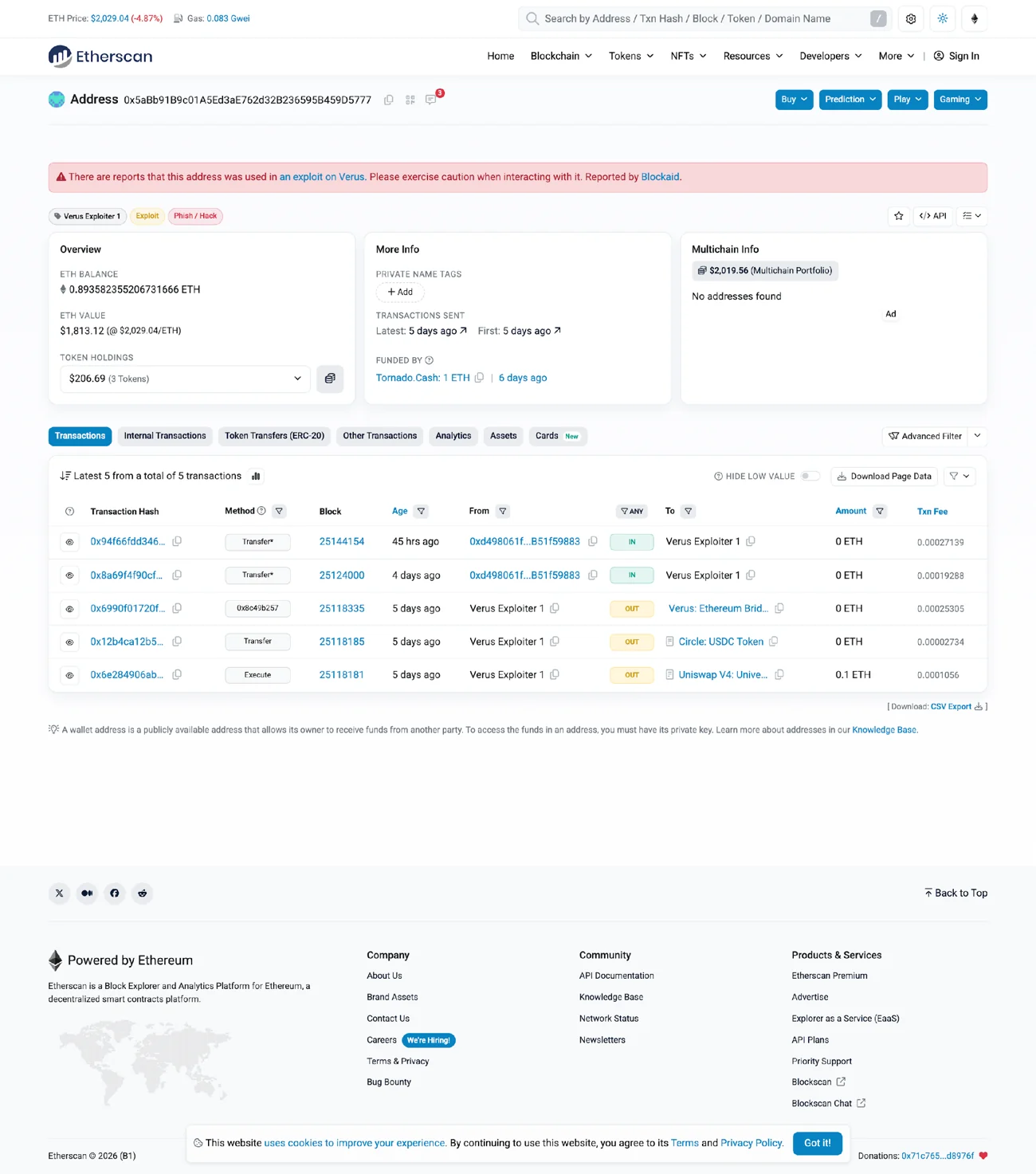 攻擊者錢包的 Etherscan 頁面，掛著 Blockaid 的示警橫幅