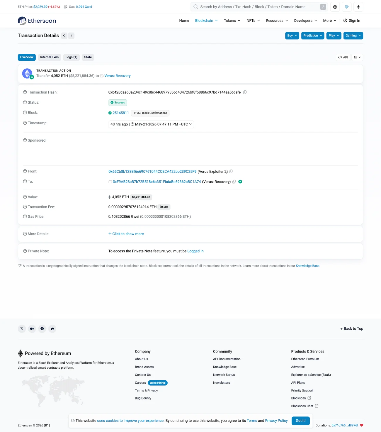 歸還交易在 Etherscan 上的紀錄，Etherscan 自己標記了 Verus Exploiter 2 與 Verus: Recovery