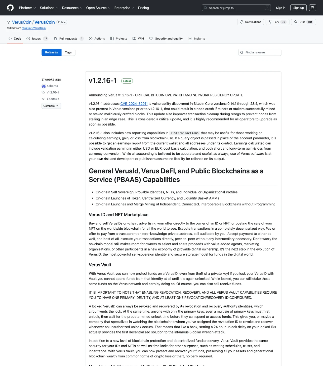 v1.2.16-1 是 Bitcoin Core 的 CVE 修補，跟這次的橋接事件無關