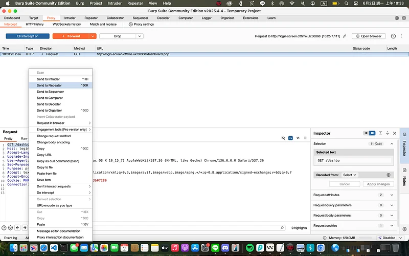 將 dashboard 請求送入 Burp Suite Repeater